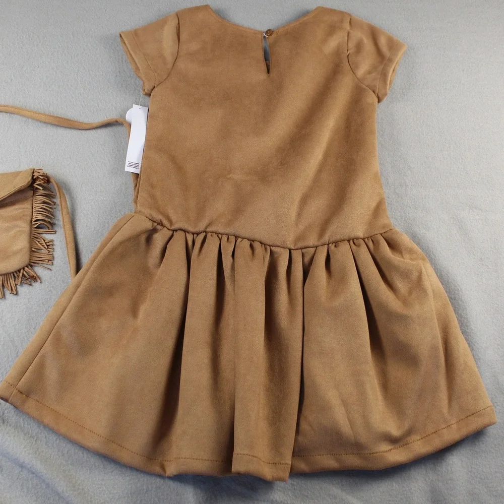 Tahari Girl Faux Suede Dress Set Kids Size 7 Tan New Rhinestone Boho Bag